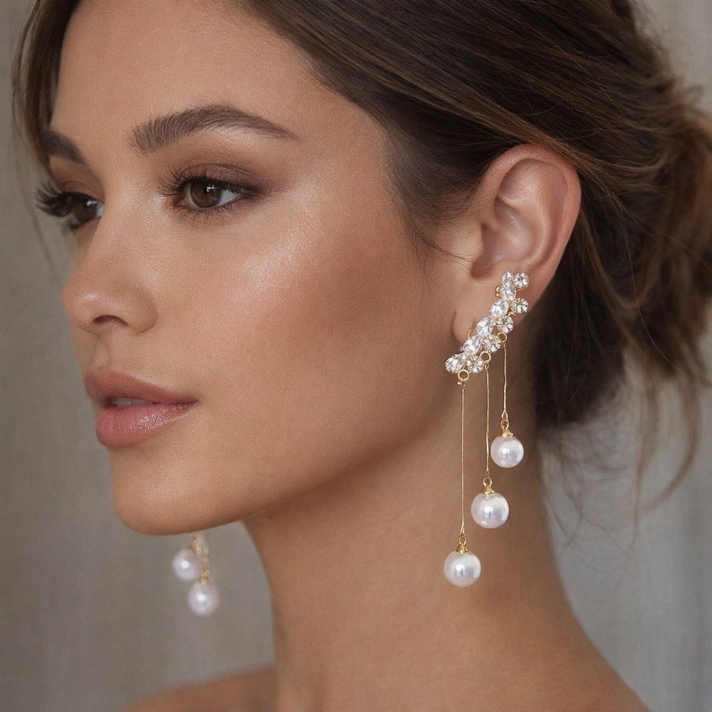 Gold Pearl Drop Ear Crawler Earrings - Elegant Women Jewelry R368